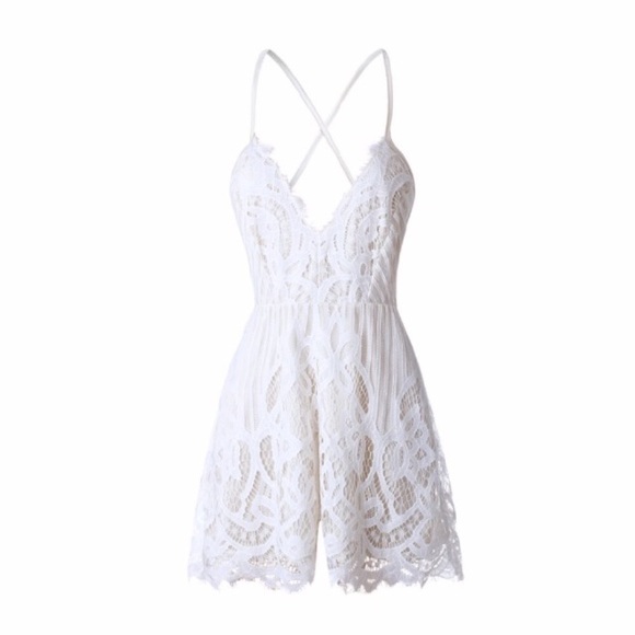Criss Cross Open Back Ivory Floral Lace Romper - Picture 2 of 3